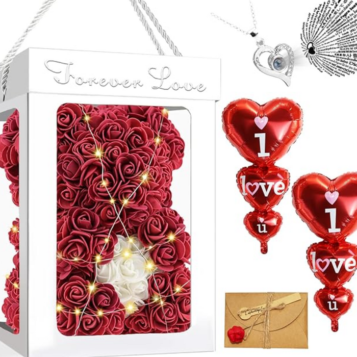 Rose Bear Gift - Handcraft Necklace Balloons And Card