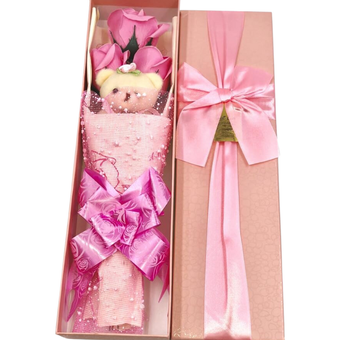 Soap Rose Bouquet - With Teddy Bear Wrapped In Gift Box