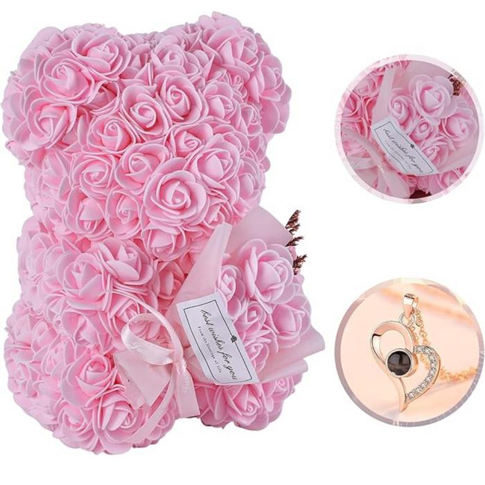 Rose Teddy Bear -  With Decorative Box And Message Necklace