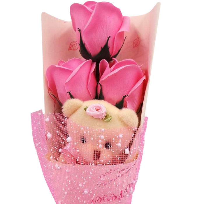 Soap Rose Bouquet - With Teddy Bear Wrapped In Gift Box