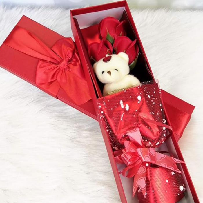 Soap Rose Bouquet - With Teddy Bear Wrapped In Gift Box