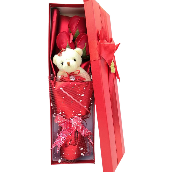 Soap Rose Bouquet - With Teddy Bear Wrapped In Gift Box