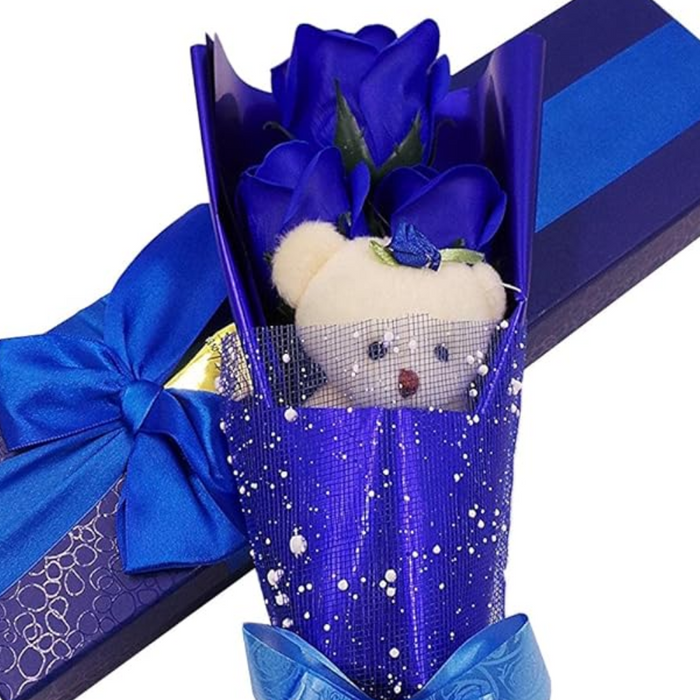 Soap Rose Bouquet - With Teddy Bear Wrapped In Gift Box