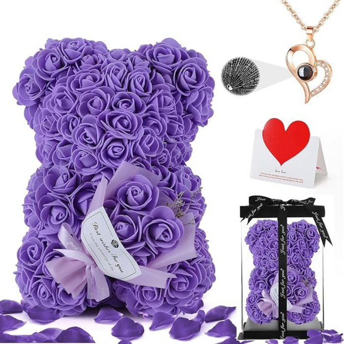 Rose Teddy Bear -  With Decorative Box And Message Necklace