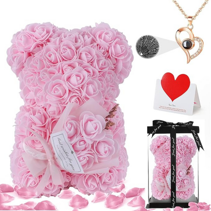 Rose Teddy Bear -  With Decorative Box And Message Necklace