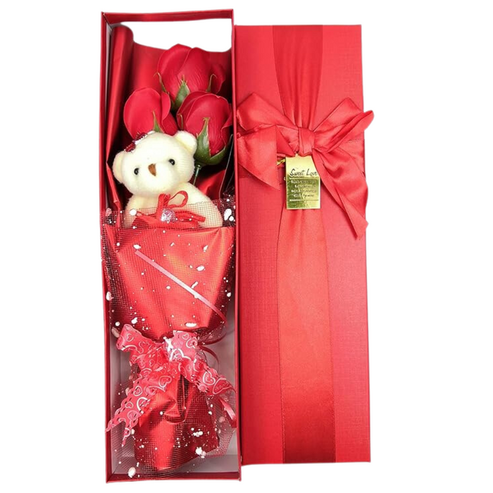 Soap Rose Bouquet - With Teddy Bear Wrapped In Gift Box