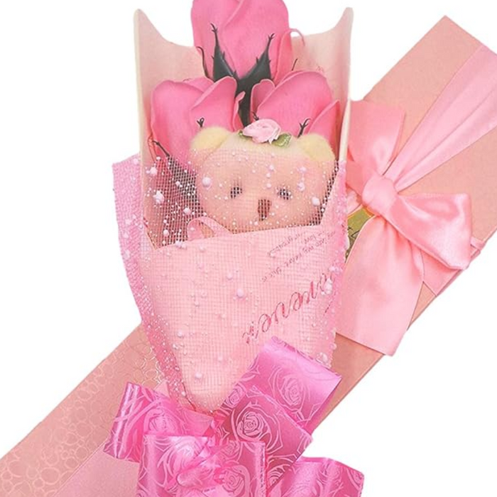 Soap Rose Bouquet - With Teddy Bear Wrapped In Gift Box