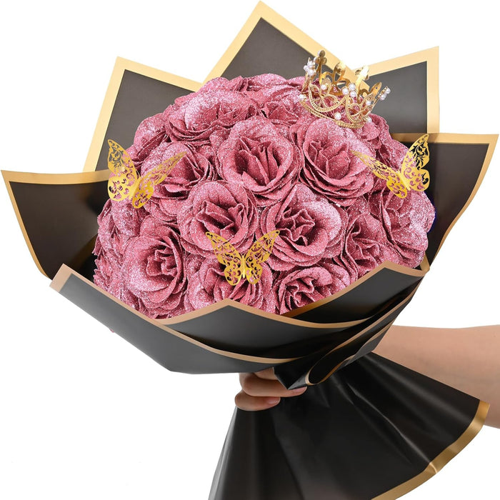 Elegant Glitter Rose Bouquet With Decorative Crown And Butterflies