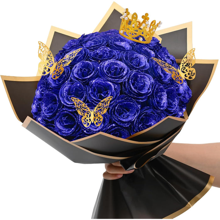 Glitter Rose Bouquet With Crown And Butterfly Accents