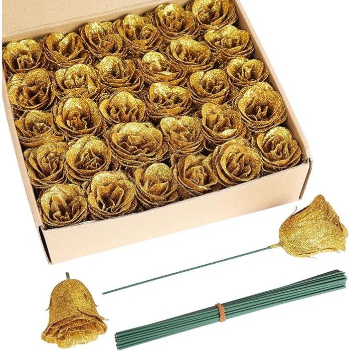 Artificial Rose Set With Glitter Accents For Crafting And Decor