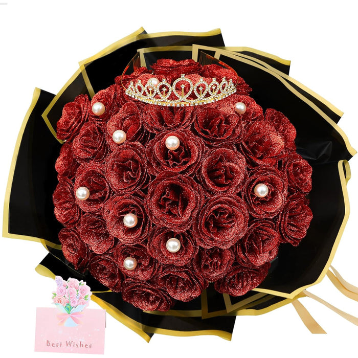 36 Pack Glitter Rose Bouquet Flowers With Crown DIY Decorative Set