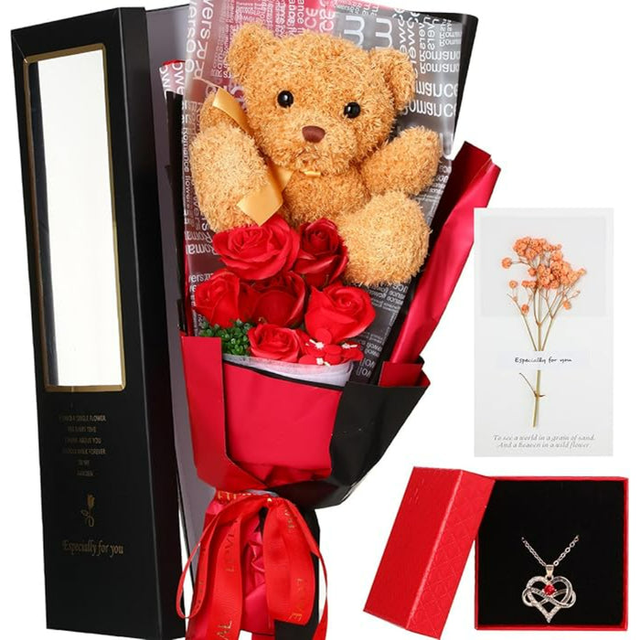 Artificial Flower Bouquet - With Plush Bear And Keepsake Necklace