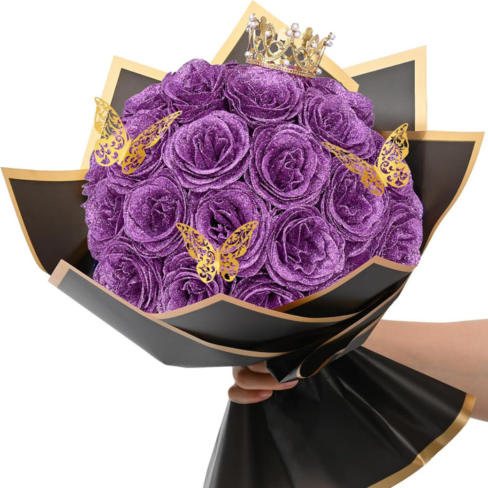 Elegant Glitter Rose Bouquet With Decorative Crown And Butterflies