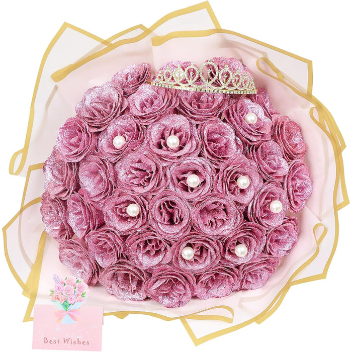 36 Pack Glitter Rose Bouquet Flowers With Crown DIY Decorative Set