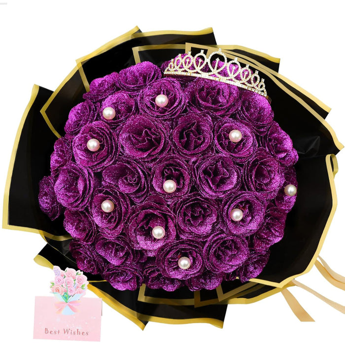 36 Pack Glitter Rose Bouquet Flowers With Crown DIY Decorative Set