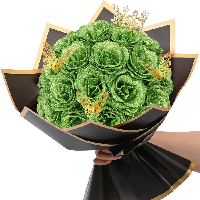 Elegant Glitter Rose Bouquet With Decorative Crown And Butterflies