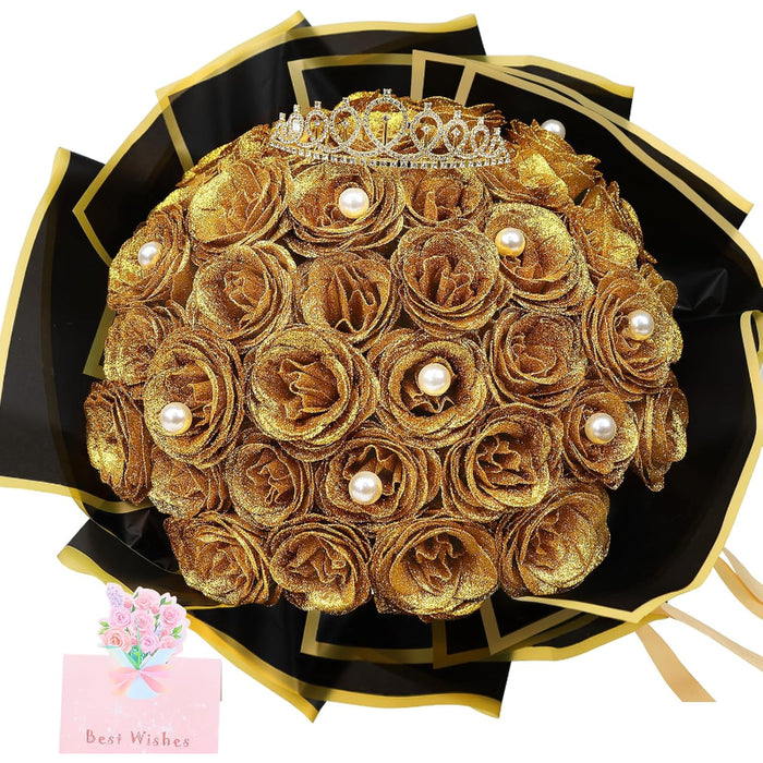 36 Pack Glitter Rose Bouquet Flowers With Crown DIY Decorative Set