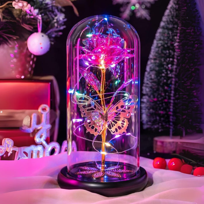 Galaxy Glass Rose Flower With LED Lights In Glass Dome