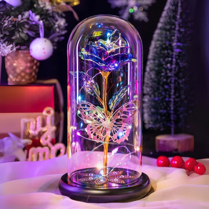 Galaxy Glass Rose Flower With LED Lights In Glass Dome