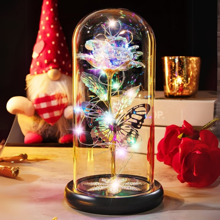 Galaxy Glass Rose Flower With LED Lights In Glass Dome