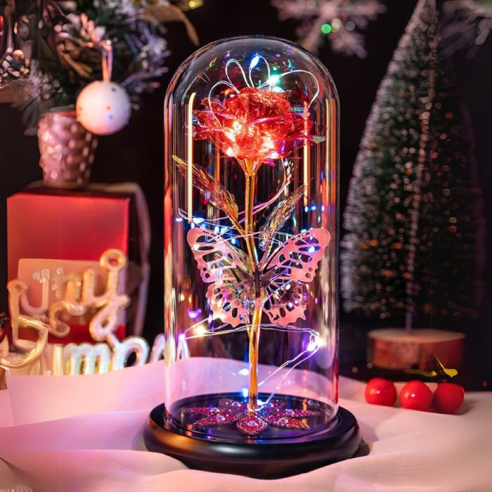 Galaxy Glass Rose Flower With LED Lights In Glass Dome