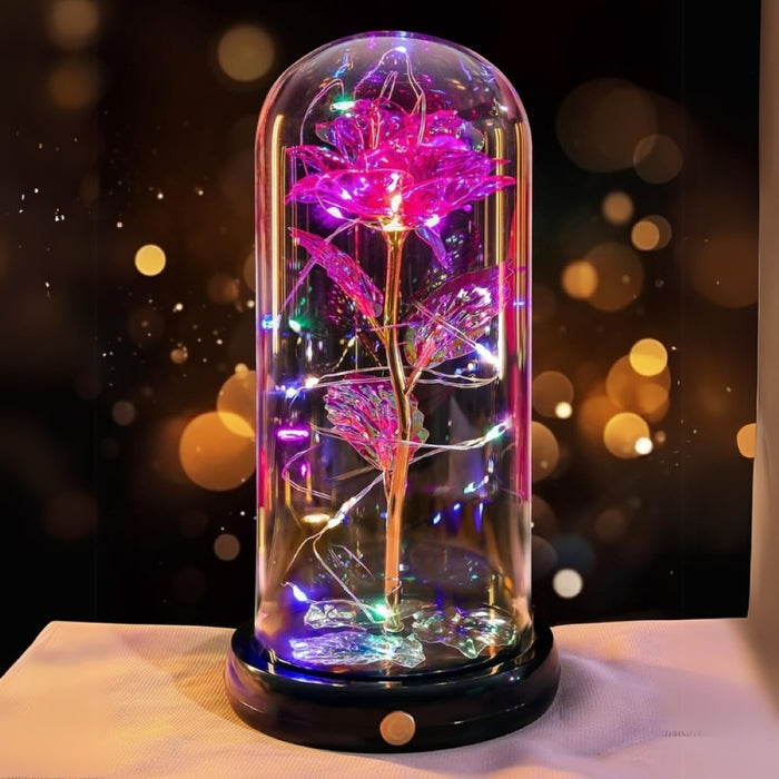 Galaxy Glass Rose Flower With LED Lights In Glass Dome