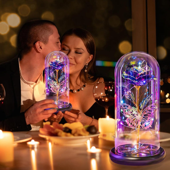 Galaxy Glass Rose Flower With LED Lights In Glass Dome