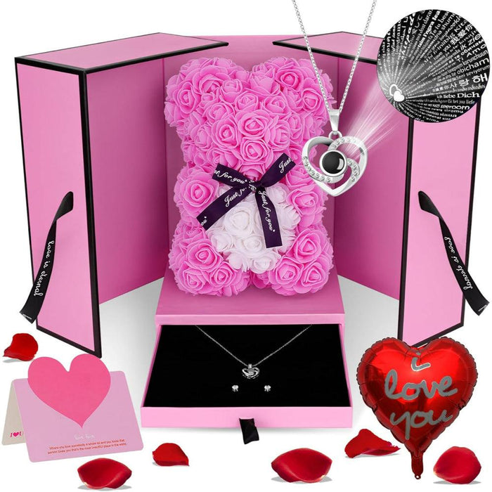 Floral Gift Bear - With Decorative Rose Bouquet And Pendant