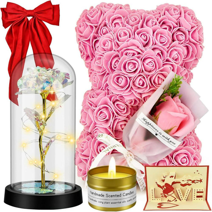 Artificial Flower Bear - 6 In 1 Gift Set With LED Glass Rose