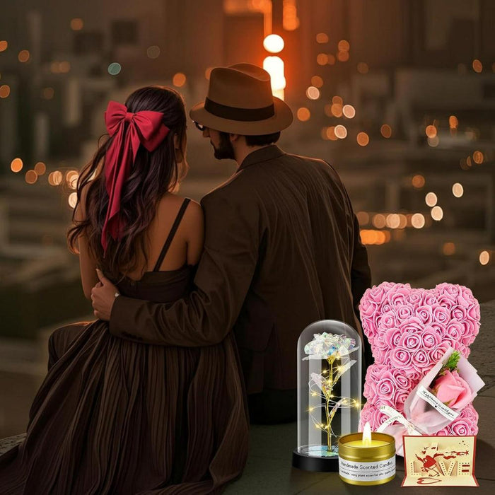 Artificial Flower Bear - 6 In 1 Gift Set With LED Glass Rose
