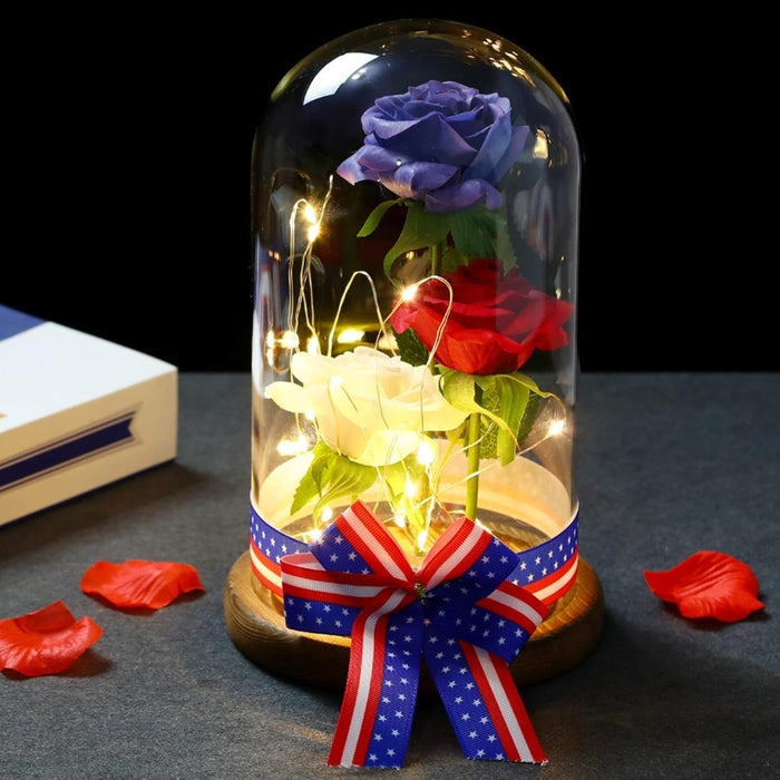 Silk Rose With LED Lighting In Glass Dome