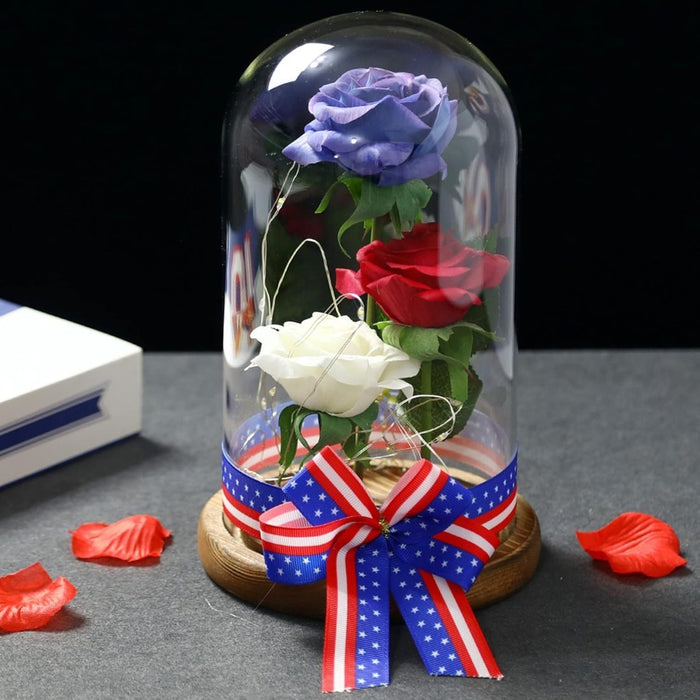 Silk Rose With LED Lighting In Glass Dome