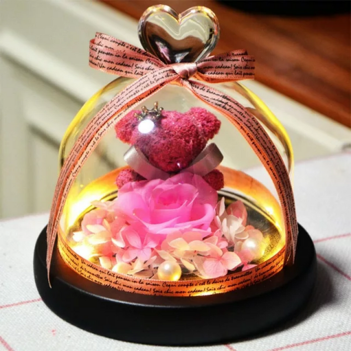 Mini Preserved Rose Bear In A Glass Dome